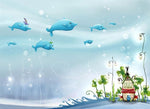 Tapet Personalizat Lumea Animalelor cu balene inotand deasupra casei acvatice  - UNDERWATER HOUSE
