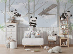 Tapet Personalizat Lumea Animalelor cu ursi panda urcand pe gardul alb si in copaci - OVER THE FENCE