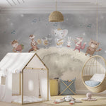 Tapet Personalizat Lumea Animalelor cu trupa muzicala de animale pe luna in stil watercolor - THE MOON BAND