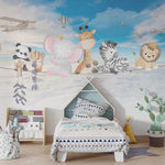 Tapet Personalizat Lumea Animalelor cu animalute pe franghie deasupra norilor si a cerului senin - HAPPY OVER CLOUDS