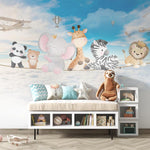Tapet Personalizat Lumea Animalelor cu animalute pe franghie deasupra norilor si a cerului senin - HAPPY OVER CLOUDS