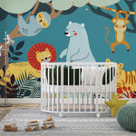 Tapet Personalizat Lumea Animalelor cu animale ilustrate in jungla in stil boho  - BOHO AMAZON
