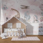 Tapet Personalizat Lumea Animalelor cu animale pe bicicleta mergand pe franghie cu cosulet de flori  - PINK FLOWER DELIVERY