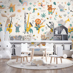 Tapet Personalizat Lumea Animalelor cu animale cantand la instrumente muzicale in ilustratie pattern  - ANIMAL'S BAND PATTERN