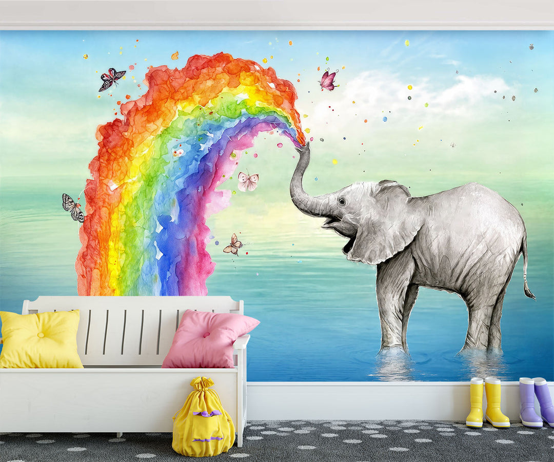 Tapet Personalizat Lumea Animalelor cu elefant si curcubeu curgator cu fluturi  - RAINBOW ELEPHANT