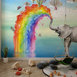 Tapet Personalizat Lumea Animalelor cu elefant si curcubeu curgator cu fluturi  - RAINBOW ELEPHANT