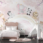 Tapet Personalizat Lumea Animalelor cu pui de animalute oe curcubeul roz pastel - PINK PASTEL RAINBOW