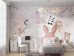 Tapet Personalizat Lumea Animalelor cu pui de animalute oe curcubeul roz pastel - PINK PASTEL RAINBOW