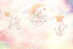 Tapet Personalizat Lumea Animalelor cu iepurasi dormind pe cerul multicolor - DREAMY BUNNIES