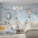 Tapet Personalizat Lumea Animalelor cu baloane si steaguri in nuante de albastru - COLOR FLAGS BALLOONS