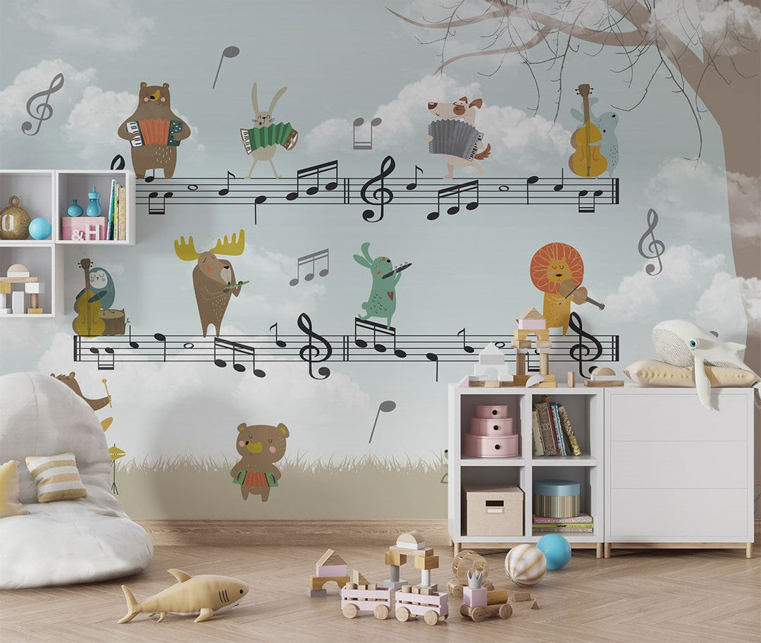 Tapet Personalizat Lumea Animalelor cu animale cantand pe portativ muzical  - MUZICAL HARMONY