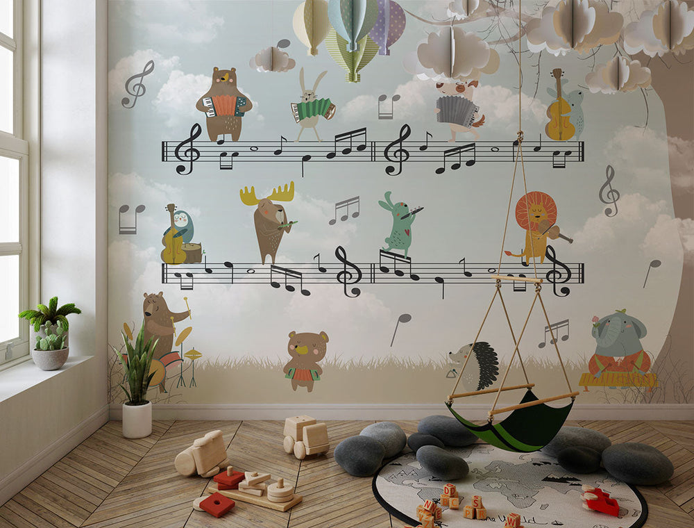 Tapet Personalizat Lumea Animalelor cu animale cantand pe portativ muzical  - MUZICAL HARMONY