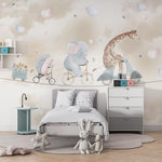 Tapet Personalizat Lumea Animalelor cu animalute pe bicicleta pe franghie cu baloane in forma de inima pe fundal bej - BEIGE HEART BALLOONS
