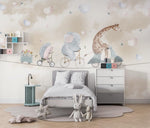 Tapet Personalizat Lumea Animalelor cu animalute pe bicicleta pe franghie cu baloane in forma de inima pe fundal bej - BEIGE HEART BALLOONS
