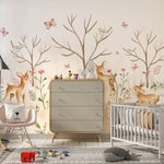 Tapet Personalizat Lumea Animalelor cu padure de caprioare si fluturi  - BABY DEERS FOREST