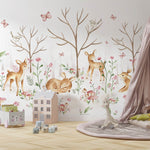 Tapet Personalizat Lumea Animalelor cu padure de caprioare si fluturi  - BABY DEERS FOREST