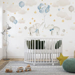 Tapet Personalizat Lumea Animalelor cu elefanti cu baloane albastre pe cerul instelat cu nori - BABY BLUE ELEPHANTS
