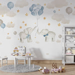 Tapet Personalizat Lumea Animalelor cu elefanti cu baloane albastre pe cerul instelat cu nori - BABY BLUE ELEPHANTS