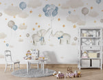 Tapet Personalizat Lumea Animalelor cu elefanti cu baloane albastre pe cerul instelat cu nori - BABY BLUE ELEPHANTS
