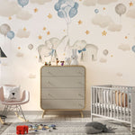 Tapet Personalizat Lumea Animalelor cu elefanti cu baloane albastre pe cerul instelat cu nori - BABY BLUE ELEPHANTS