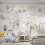 Tapet Personalizat Lumea Animalelor cu elefanti cu baloane albastre pe cerul instelat cu nori - BABY BLUE ELEPHANTS