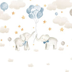 Tapet Personalizat Lumea Animalelor cu elefanti cu baloane albastre pe cerul instelat cu nori - BABY BLUE ELEPHANTS