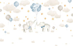 Tapet Personalizat Lumea Animalelor cu elefanti cu baloane albastre pe cerul instelat cu nori - BABY BLUE ELEPHANTS