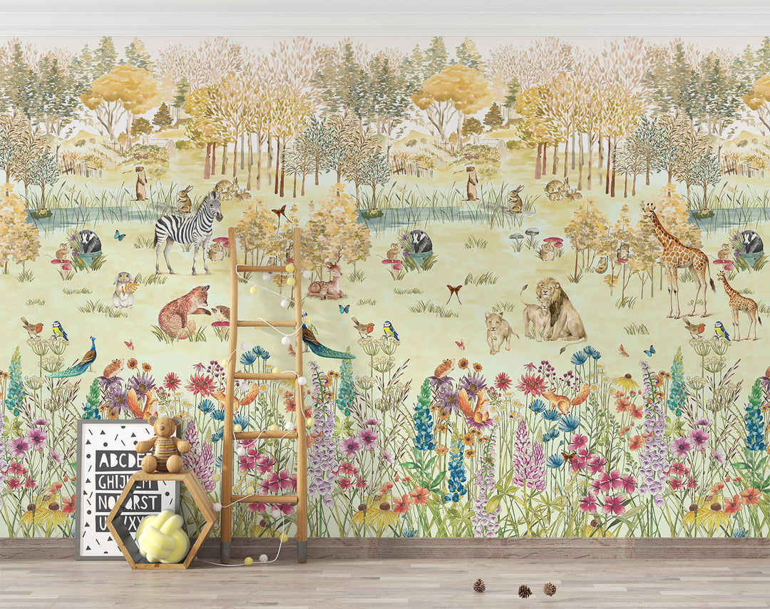 Tapet Personalizat Lumea Animalelor cu padure inflorita plina si animalute  - CROWDED COLORFUL FOREST
