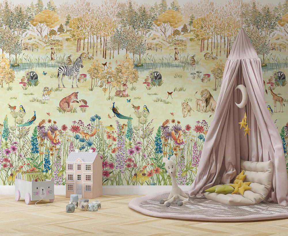 Tapet Personalizat Lumea Animalelor cu padure inflorita plina si animalute  - CROWDED COLORFUL FOREST