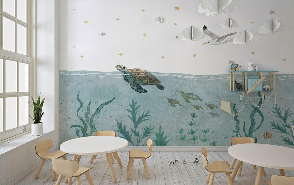 Tapet Personalizat Lumea Animalelor cu testoase, pelican si plante marine  - TORTOISE SWIM