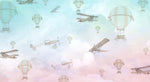 Tapet Personalizat Micii Exploratori cu avioane si baloane cu aer cald pe fundal albastru-roz - PINKY BLUE SKY PLANES
