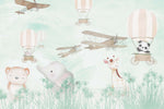 Tapet Personalizat Micii Exploratori cu animale, baloane cu aer cald si avioane prin vegetatie verde menta - MINTY FOREST EXPLORATION