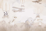 Tapet Personalizat Micii Exploratori cu animale, baloane si avioane prin vegetatia montana in nuante de bej - BEIGE MOUNTAIN EXPLORATION