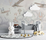 Tapet Personalizat Micii Exploratori cu elefanti in drumetie de munte si avioane gri - THE ELEPHANT HIKE GREY