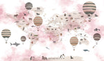 Tapet Personalizat Micii Exploratori cu harta lumii cu animale si baloane si fundal roz - PINK BALLOON MAP