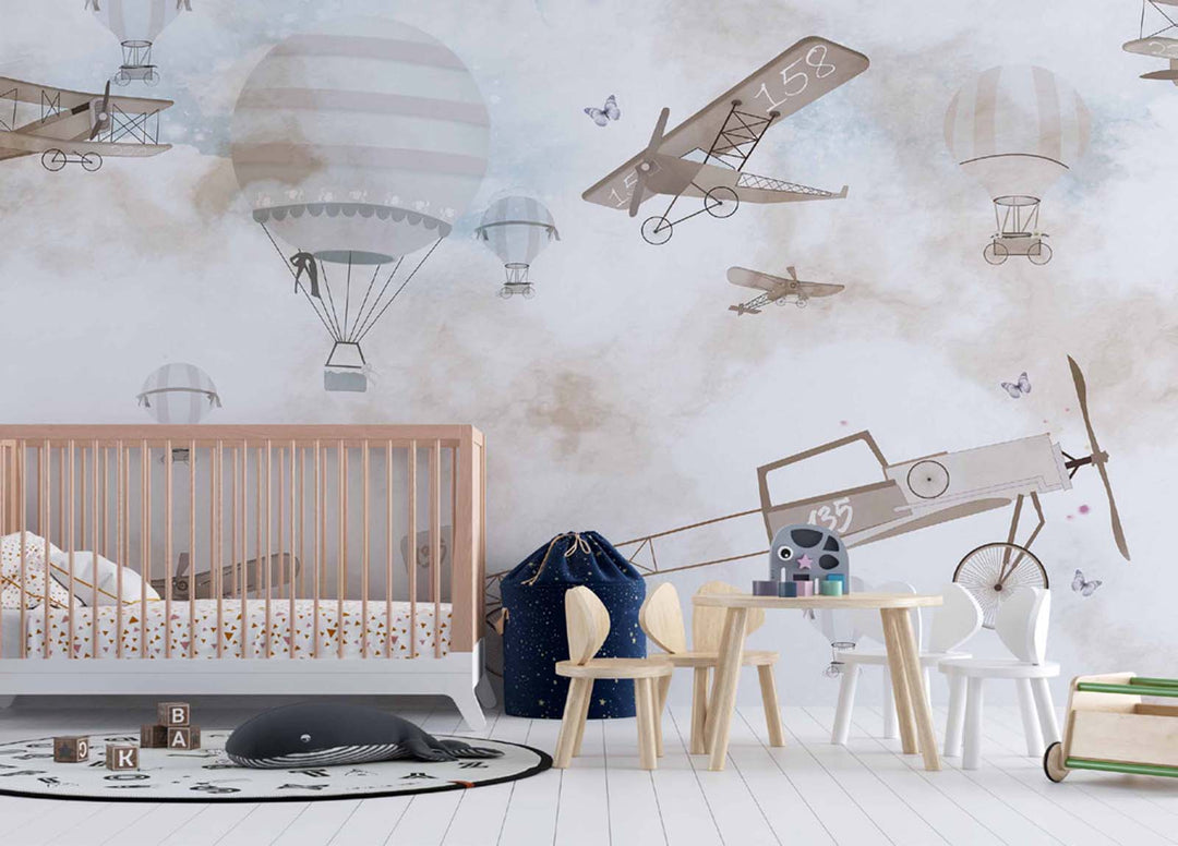 Tapet Personalizat Micii Exploratori cu avioane, baloane cu aer cald si fluturi - BUTTERFLY AEROPLANE