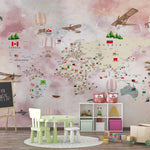 Tapet Personalizat Micii Exploratori cu harta lumii cu steaguri si animale in fundal multicolor - GLOBAL JOURNEY