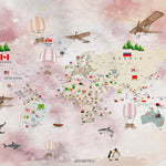 Tapet Personalizat Micii Exploratori cu harta lumii cu steaguri si animale in fundal multicolor - GLOBAL JOURNEY