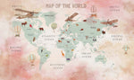 Tapet Personalizat Micii Exploratori cu harta lumii cu animalute in nuante de roz - MAP OF THE WORLD