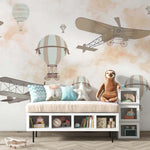 Tapet Personalizat Micii Exploratori cu avioane si baloane pe cerul in nuante de bej - WATERCOLOR BEIGE SKY