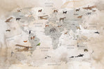 Tapet Personalizat Micii Exploratori cu harta lumii cu animale domestice in nuante de bej watercolor - DOMESTIC ANIMAL'S MAP