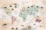 Tapet Personalizat Micii Exploratori cu harta lumii cu animale in nuante de bej si verde watercolor - BROWN ANIMAL'S MAP