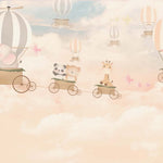 Tapet Personalizat Micii Exploratori cu animale zburand in baloane cu aer cald peste nori crem rozalii - WHEEL BALLOONS FLIGHT