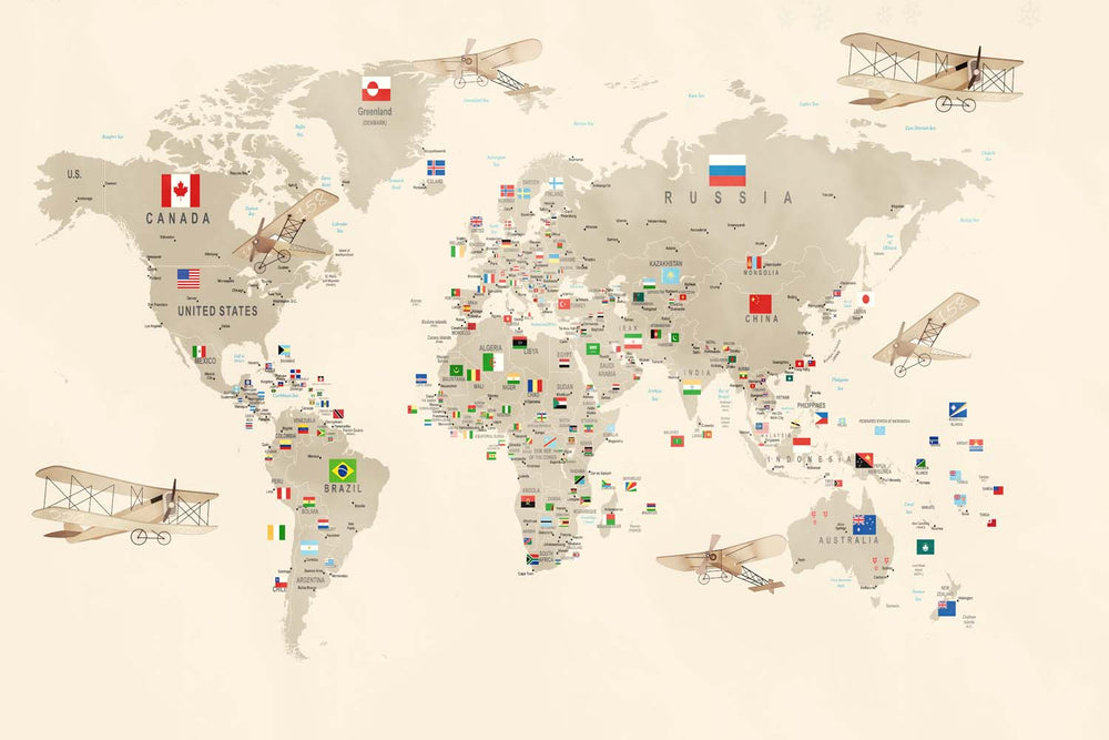 Tapet Personalizat Micii Exploratori cu harta lumii cu steaguri in nuante de bej - ALL FLAGS MAP BEIGE