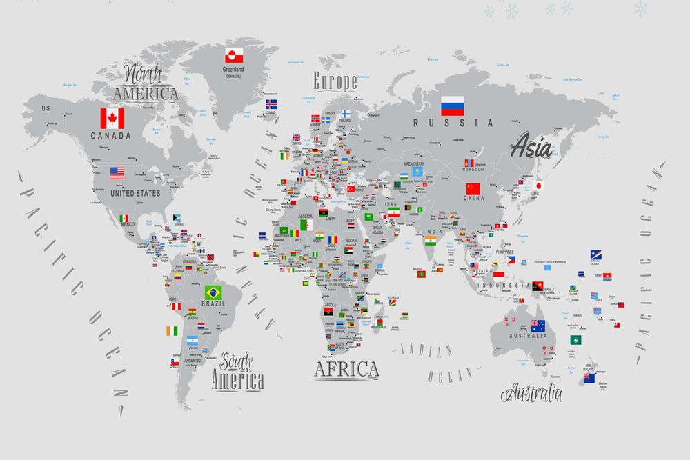 Tapet Personalizat Micii Exploratori cu harta lumii cu steaguri in nuante de gri - ALL FLAGS MAP GREY