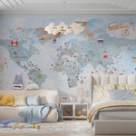 Tapet Personalizat Micii Exploratori cu avioane trecand peste harta lumii cu steaguri - PLANE CROSSING MAP BLUE