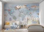 Tapet Personalizat Micii Exploratori cu avioane trecand peste harta lumii cu steaguri - PLANE CROSSING MAP BLUE