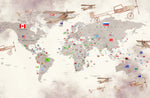 Tapet Personalizat Micii Exploratori cu avioane trecand peste harta lumii cu steaguri in nuante de maro - PLANE CROSSING MAP BROWN