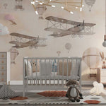 Tapet Personalizat Micii Exploratori cu avioane si baloane cu aer cald pe fundal cream - BIPLANE & BALLOONS CREAM