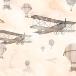 Tapet Personalizat Micii Exploratori cu avioane si baloane cu aer cald pe fundal cream - BIPLANE & BALLOONS CREAM